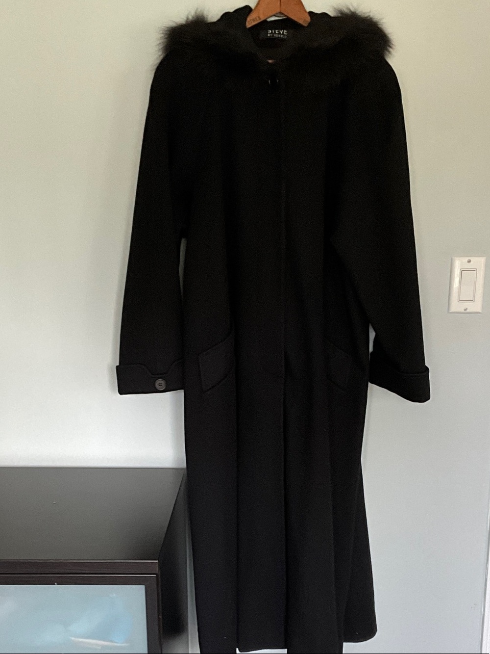 Black Long 100% Wool Coat with Real Fur-Trim Hood, Steve By Searle Size 10